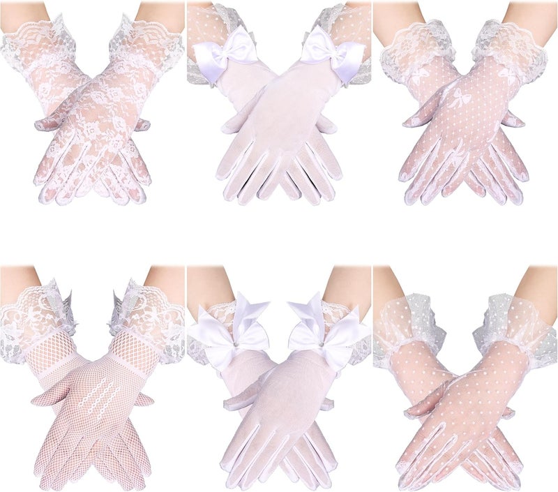 MoHern 6 Pairs Lace Gloves Women Tea Party, Gloves with Elegant Floral Design and Comfortable Fit for Ladies' Wedding Party - Image 1